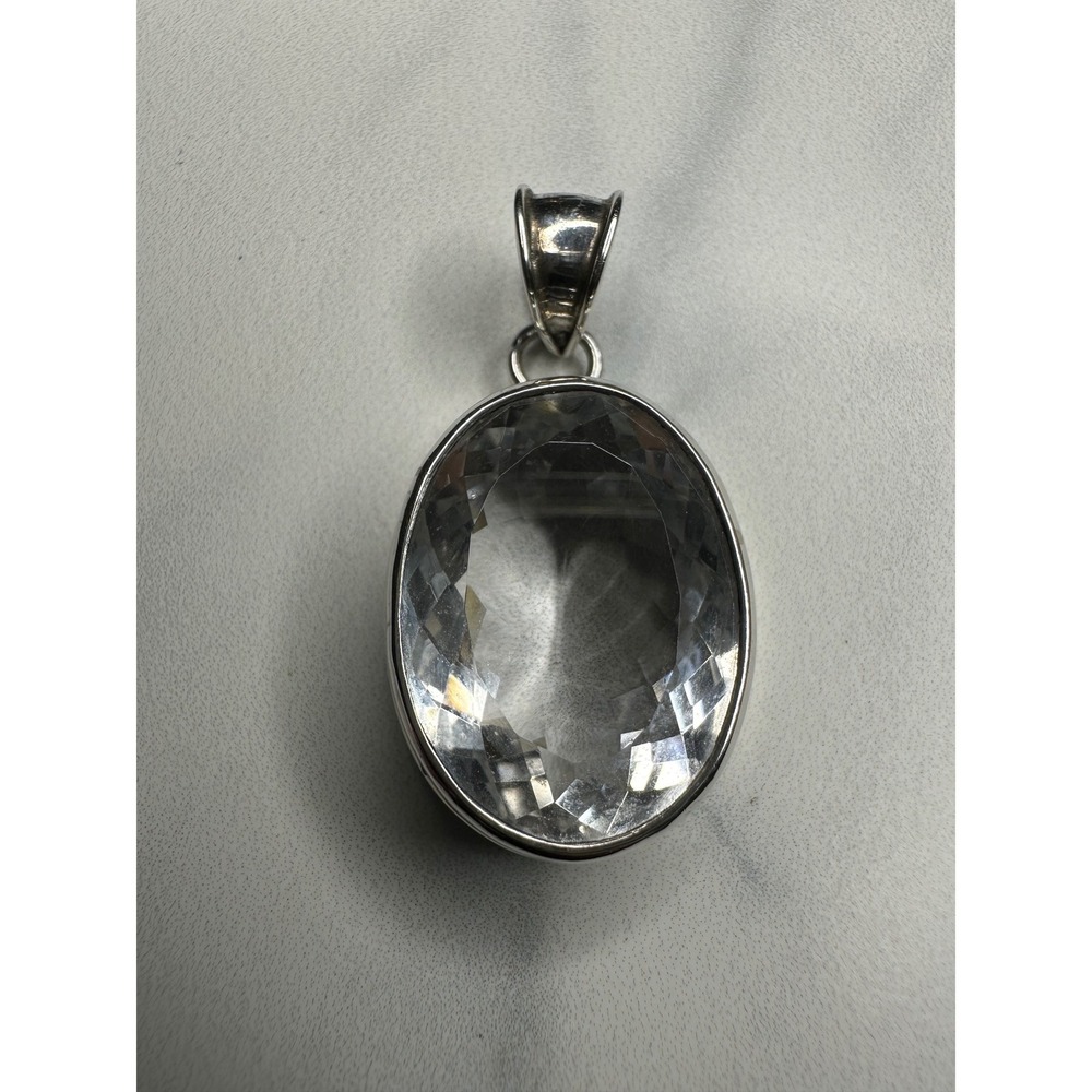 925 Sterling Silver Large Oval Faceted Clear Stone Pendant 15.67g Statement